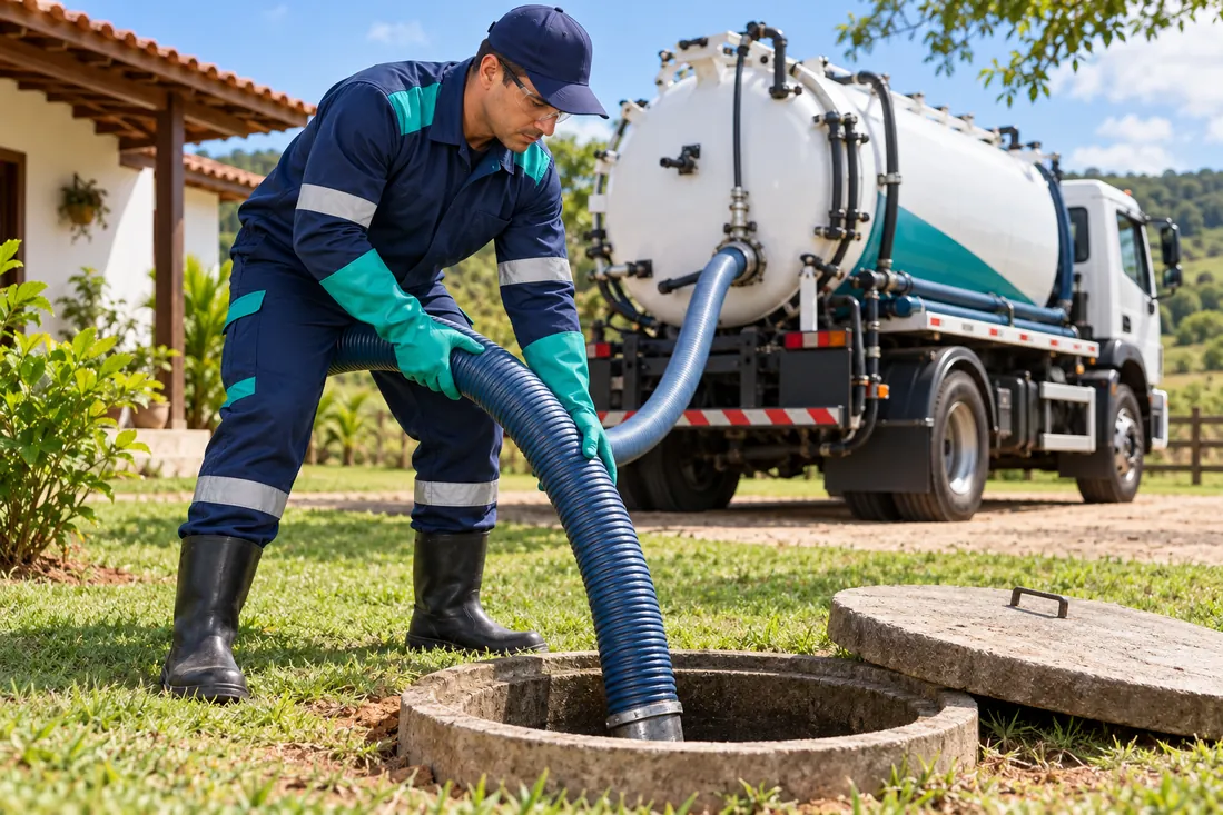 profissional trabalhando com equipamento de limpeza de tubulação
